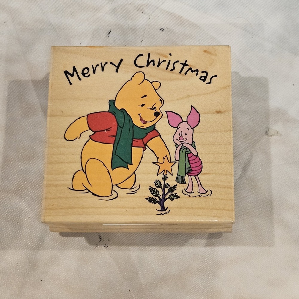 Disney Winnie‎ the Pooh Piglet Christmas Rubber Stamp Wood Mounted Vintage